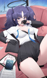 1girl absurdres black_bra black_coat black_gloves black_skirt blue_archive blue_eyes blue_hair blush bra bra_peek breasts coat collared_shirt commentary_request couch covering_own_mouth doodle_sensei_(blue_archive) gloves highres large_breasts long_hair long_sleeves looking_at_viewer lying on_couch open_clothes open_coat open_mouth paper parted_bangs revision sensei_(blue_archive) shirt shirt_tucked_in skirt solo sweat tablet_pc thighs toramin_(tora_min_) two_side_up underwear white_shirt yuuka_(blue_archive)