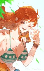 1girl absurdres bangle bare_shoulders bikini bikini_top_only blue_pants blue_sky blurry blurry_foreground blush bracelet breasts cleavage collarbone commentary denim earrings falling_leaves floating_hair food fruit green_bikini halterneck highres jeans jewelry large_breasts leaf long_hair looking_at_viewer mandarin_orange nami_(one_piece) navel one_eye_closed one_piece open_mouth orange_(fruit) orange_eyes orange_hair outdoors pants pearl_earrings sc_scandium shoulder_tattoo sky solo stomach swimsuit tattoo twitter_username upper_body wavy_hair