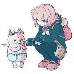 1girl animal_bag black_thighhighs bow cat_bag danganronpa_(series) danganronpa_2:_goodbye_despair diaper ear_bow flipped_hair hair_ornament highres holding holding_towel hood hood_down hooded_jacket jacket kkachi_(3588l) long_sleeves medium_hair monomi_(danganronpa) nanami_chiaki open_clothes open_jacket pink_bag pink_shoes pleated_skirt shirt shoes skirt spaceship_hair_ornament squatting thighhighs towel