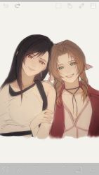 0_ebj 2girls aerith_gainsborough bare_arms black_bra black_hair bra breasts brown_hair choker crop_top dress earrings final_fantasy final_fantasy_vii final_fantasy_vii_remake green_eyes hair_between_eyes hair_ribbon highres holding_another&#039;s_arm jacket jewelry large_breasts long_hair looking_at_viewer medium_breasts multiple_girls parted_bangs parted_lips fake_phone_screenshot pink_dress pink_ribbon red_eyes red_jacket ribbon shirt sidelocks smile sports_bra square_enix suspenders tifa_lockhart underwear upper_body wavy_hair white_shirt