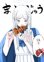 2girls absurdres blue_archive blue_bow blue_haori blush bow eating flower fluffy_hair food food_on_face forehead hair_flower hair_ornament haori highres holding holding_skewer horns japanese_clothes long_hair multiple_girls nagusa_(blue_archive) open_mouth pleated_skirt ponytail red_bow red_eyes renge_(blue_archive) shirt sidelocks single_horn skewer skirt sleeveless sleeveless_turtleneck teeth turtleneck upper_teeth_only wagonuts white_eyes white_flower white_hair white_shirt white_skirt