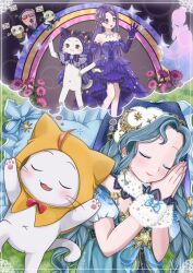 3girls :3 ahoge animal aqua_hair bare_legs bare_shoulders blue_bow blue_dress blue_hat blue_ribbon bow bowtie braid brooch brown_eyes cat celestial_whispers_(infinity_nikki) choker cloak closed_eyes closed_mouth clothed_animal cloud_hair_ornament commentary_request crescent crescent_hair_ornament dreaming dress ear_covers elbow_gloves eyelashes fashion_show fingernails flower forehead frilled_cloak fur_choker fur_wrist_cuffs gloves gown hair_bun hair_ornament hand_on_own_hip happy hat highres holding holding_sign hood hood_up hooded_cloak infinity_nikki jewelry judge lace lace-trimmed_choker lace-trimmed_dress lace-trimmed_gloves lace-trimmed_wrist_cuffs lace_trim lemo_rinn lipstick locked_arms long_dress long_hair long_legs low_twin_braids lying makeup momo_(nikki) momo_longlegs_(infinity_nikki) multiple_girls navel necklace nightcap nightgown nikki_(nikki) nikki_(series) off-shoulder_dress off_shoulder on_back on_grass outstretched_arms outstretched_hand own_hands_together parted_bangs pawpads pillow pink_flower pink_lips pink_nails puffy_short_sleeves puffy_sleeves purple_bow purple_bowtie purple_cloak purple_dress purple_eyes purple_gloves purple_hair rainbow red_bow red_bowtie ribbon runway short_hair short_sleeves sign silhouette single_hair_bun smile sparkle star_(symbol) star_brooch star_necklace star_sea_(nikki) straight_hair strapless strapless_dress sunflower traditional_bowtie twin_braids updo very_long_hair waist_bow whiskers white_cat white_choker white_wrist_cuffs wrist_cuffs yellow_cloak