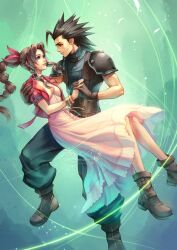 Rule 34 | 1boy, 1girl, aerith gainsborough, armor, baggy pants, black hair, blue eyes, boots, braid, braided ponytail, commentary, couple, cross scar, dress, english commentary, facial scar, final fantasy, final fantasy vii, final fantasy vii remake, foot out of frame, gloves, green eyes, hair ribbon, hand on another&#039;s shoulder, highres, holding hands, hollypolllyy, interlocked fingers, jacket, lifestream, light particles, looking at another, open clothes, open jacket, pants, pink dress, pink ribbon, ponytail, red jacket, ribbon, scar, scar on cheek, scar on face, shoulder armor, sleeveless, sleeveless turtleneck, spiked hair, sweater, turtleneck, turtleneck sweater, zack fair
