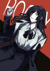 1girl ado_(utaite) black_bow black_bowtie black_coat black_hair black_pants blue_eyes blue_flower blue_rose bow bowtie brooch chando_(ado) coat collared_shirt commentary flower flower_brooch food food_in_mouth gloves highres holding holding_food holding_pocky jewelry light_particles long_hair looking_at_viewer mole mole_under_eye open_clothes open_coat pants pocky pocky_day pocky_in_mouth rose shiro_(shiro_622) shirt sidelocks solo utaite white_gloves white_shirt