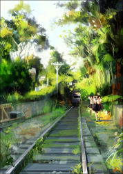 3girls abandoned alphonse_(white_datura) bad_id bad_pixiv_id blouse brown_hair day green_theme intricate_background multiple_girls original outdoors overgrown palm_tree post-apocalypse railroad_tracks rails scenery school_uniform serafuku shirt skirt slice_of_life train tree white_shirt