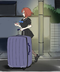 1girl black_sailor_collar black_shirt black_skirt briefcase brown_eyes brown_hair commission controller eudetenis grin highres ichika_(pretzelfan) lamppost loafers night original outdoors pantyhose remote_control road sailor_collar shirt shoes skirt smile street walking