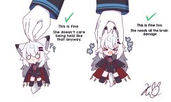 &gt;_&lt; +++ 1girl 1other :3 :d arknights black_boots black_cape black_gloves black_jacket black_skirt blush boots cape chibi closed_eyes closed_mouth doctor_(arknights) english_text fang fold-over_boots gloves jacket kurotofu lappland_(arknights) long_hair long_sleeves mini_person minigirl multiple_views o_o open_mouth scar scar_across_eye scar_on_face signature simple_background skirt sleeves_past_wrists smile very_long_hair white_background white_gloves white_hair xd