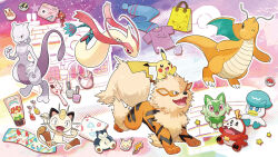 :3 alcremie alcremie_(strawberry_sweet) alcremie_(vanilla_cream) analog_clock antennae arcanine bag bellossom blue_eyes blue_scarf bright_pupils building camera character_print character_sticker clock closed_mouth commentary_request ditto dot_nose dragon dragon_wings dragonite eevee fangs fuecoco gen_1_pokemon gen_2_pokemon gen_3_pokemon gen_5_pokemon gen_8_pokemon hair_brush legendary_pokemon litwick magikarp mewtwo milotic minun mirror nao_(naaa_195) nintendo nostrils official_art one_eye_closed outline pikachu pink_eyes plusle poke_ball poke_ball_symbol poke_ball_theme poke_puff pokemon pokemon_(creature) pokemon_focus purple_eyes purple_shirt quaxly riding riding_pokemon scarf second-party_source shirt shopping_bag skitty smile snorlax sprigatito starter_pokemon_trio sticker stuffed_animal stuffed_toy thumbnail_collage togepi ultra_ball unworn_earring unworn_scarf unworn_shirt waving white_outline white_pupils wings yellow_bag