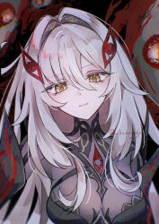 Rule 34 | 1girl, absurdres, artist name, blonde hair, blurry, blurry background, closed mouth, commentary, detached sleeves, english commentary, expressionless, eye symbol, genshin impact, hair between eyes, hair intakes, hair ornament, head tilt, highres, kurage 67, long hair, looking at viewer, pink lips, ronova (genshin impact), skin tight, solo, symbol-shaped pupils, twitter username, upper body, wavy hair, wings, yellow eyes