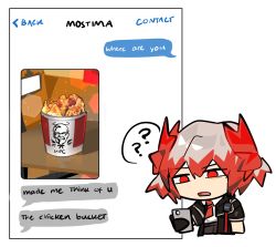 1girl ? ?? animal_ears arknights bird_ears black_gloves black_jacket black_skirt cellphone chibi english_text fiammetta_(arknights) gloves hair_between_eyes highres holding holding_phone jacket kfc multicolored_hair necktie open_clothes open_jacket open_mouth phone red_eyes red_hair red_necktie shirt short_sleeves simple_background skirt smartphone solo speech_bubble spoken_question_mark streaked_hair text_messaging upper_body vuendor white_background white_hair white_shirt
