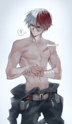 1boy ? bandaged_arm bandages bandaid bandaid_on_shoulder blue_eyes blue_pants boku_no_hero_academia ddubu heterochromia male_focus multicolored_hair pants red_hair scar scar_on_face short_hair sweat todoroki_shoto topless_male two-tone_hair white_background white_eyes white_hair