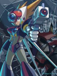 Rule 34 | 2boys, aiming, aiming at viewer, android, armor, axl (mega man), black armor, black helmet, blonde hair, blue eyes, broken glass, brown hair, chest jewel, cross scar, finger on trigger, forehead jewel, glass, green eyes, gun, helmet, holding, holding gun, holding weapon, jewelry, long hair, looking at another, looking at viewer, male focus, mega man (series), mega man x7, mega man x (series), multiple boys, one-eyed, orange blossoms(megaman), red (mega man x), red helmet, scar, scar on face, shoulder armor, spiked hair, standing, twitter username, weapon
