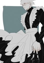 Rule 34 | 1boy, absurdres, apron, closed mouth, collared dress, commentary, crossdressing, dress, frilled apron, frills, hatake kakashi, highres, holding, holding kunai, holding weapon, kunai, long sleeves, looking ahead, maid, maid apron, male focus, male maid, naruto (series), red eyes, scar, scar on face, solo, standing, weapon, white hair, wi marimo