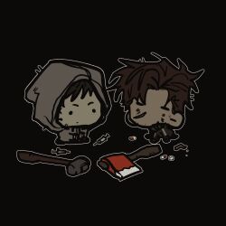 2boys afraid_of_monsters axe black_gloves black_hair black_hoodie brown_hair chibi chibi_only cry_of_fear david_leatherhoff drugs facial_hair fire_axe full_body gloves goatee_stubble gun hammer highres hood hood_down hood_up hoodie ju-san looking_at_another male_focus messy_hair multiple_boys on_ground pill print_hoodie scar scar_on_face short_hair simon_henriksson sitting solo stubble syringe weapon