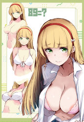 1girl areola_slip bikini blonde_hair blunt_bangs blush bra check_commentary closed_mouth collared_shirt commentary_request cropped_torso embarrassed front-tie_bikini_top front-tie_top gengoroh green_eyes hairband heanna_sumire highres long_hair looking_at_viewer love_live! love_live!_superstar!! multiple_views navel no_nipples nude open_clothes open_shirt pink_bra red_hairband shirt smile swimsuit underwear white_bikini white_bra white_shirt