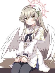 1girl angel_wings black_neckerchief black_pantyhose blue_archive blush brown_hair commentary_request dress feathered_wings flower gesupi_(provlemsolver57) hair_flower hair_ornament halo highres long_hair long_sleeves looking_at_viewer low_wings nagisa_(blue_archive) neckerchief pantyhose pink_halo sailor_collar sitting solo white_dress white_wings wings yellow_eyes