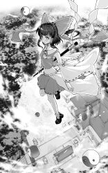 Rule 34 | 1girl, absurdres, ascot, blush, bow, box, building, closed mouth, commentary request, detached sleeves, donation box, floating, frilled bow, frilled hair tubes, frills, gohei, greyscale, hair bow, hair tubes, hakurei reimu, hakurei shrine, highres, holding, holding gohei, long hair, midriff, monochrome, navel, okeyadeokya, orb, ribbon-trimmed sleeves, ribbon trim, shoes, skirt, skirt set, socks, solo, torii, touhou, yin yang, yin yang orb