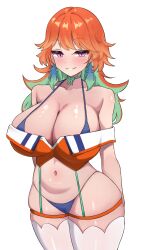 1girl absurdres adapted_costume bikini bikini_under_clothes blue_bikini blush breasts cleavage collarbone gradient_hair hashira_14 highleg highleg_bikini highres hololive hololive_english huge_breasts long_hair looking_at_viewer multicolored_hair orange_hair parted_lips purple_eyes shiny_skin simple_background smile solo standing swimsuit takanashi_kiara thighhighs virtual_youtuber white_background white_thighhighs