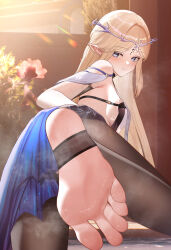 1girl absurdres armpit_crease bare_shoulders black_collar black_pantyhose blonde_hair blue_eyes breasts cartethyia_(wuthering_waves) collar crown_of_thorns dress facial_mark feet foot_focus foot_out_of_frame forehead_mark from_behind highres legs long_hair looking_at_viewer pantyhose parted_bangs pointy_ears sideboob sidelocks smell smile soles solo stirrup_legwear sweat tabard tacet_mark_(wuthering_waves) toeless_legwear toes ursica very_long_hair white_tabard wuthering_waves