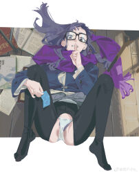 1girl absurdres black_pantyhose blue_hair brown_eyes coat commentary condom condom_packet_strip condom_wrapper female_pubic_hair finger_to_mouth glasses highres long_hair long_labia mole mole_on_pussy oogaki_chiaki panties pantyhose pleated_skirt pubic_hair pussy scarf school_uniform shushing sidelocks skirt solo spread_legs sunny_bitch symbol-only_commentary uncensored underwear white_panties yurucamp