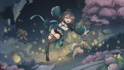 1girl :d absurdres ahoge aircraft aqua_nails aqua_ribbon bell_sleeves birthday black_boots black_capelet black_shorts black_socks black_thighhighs blue_hair boots bow braid brown_eyes brown_hair capelet cherry_blossoms chest_belt cloud cloudy_sky collar colored_inner_hair commentary compass cross-laced_clothes cross-laced_shorts cross-shaped_pupils detached_sleeves dog dress english_commentary falling_petals floating foot_up frilled_sleeves frills glider gradient_legwear gradient_thighhighs green_bow green_collar green_dress green_eyes green_necktie green_sleeves green_socks hair_bow hair_flaps hair_ornament half_capelet happy heterochromia highres indie_virtual_youtuber juliet_sleeves lantern long_sleeves medium_hair meica_(vtuber) meica_(vtuber)_(1st_costume) mismatched_pupils multicolored_hair necktie night night_sky o-ring o-ring_thigh_strap open_mouth outdoors outstretched_arms over-kneehighs paper_lantern petals puffy_sleeves raised_eyebrows ribbon shirt short_shorts shorts signature single-shoulder_shirt single_braid single_over-kneehigh single_thighhigh sky sky_lantern sleeveless sleeveless_shirt smile socks spread_arms sprout-shaped_pupils sprout_pendant sr_leo_(inkbot) star_(symbol) star_hair_ornament symbol-shaped_pupils teeth thigh_strap thighhighs upper_teeth_only virtual_youtuber water white_shirt
