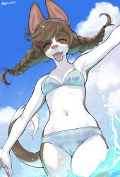 1girl animal_ears armpits bikini blue_bikini blue_sky braid breasts brown_hair cloud day dog_ears dog_girl dog_tail fangs furry furry_female highres kikurage_(crayon_arts) long_hair navel ocean open_mouth original outdoors partially_submerged sky small_breasts solo summer swimsuit tail teeth translation_request twin_braids