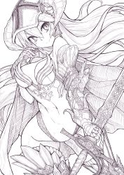1girl breasts female_focus highres large_breasts lineart long_hair monochrome original purple_theme saltydanshark smile solo sword transparent_background weapon