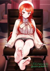 Rule 34 | 1girl, alternate costume, asava (hutaitenn), barefoot, beret, character name, commentary request, couch, dress, frilled shawl, frills, hat, highres, kantai collection, long hair, nevada (kancolle), nevada (willer) (kancolle), official alternate costume, red eyes, red hair, shawl, sitting, solo, white dress, white hat, white shawl