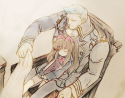 1boy 1girl aloe aloe_(quiz_magic_academy) animal_ears aqua10766 brown_hair chair covering_with_blanket closed_eyes long_hair manly quiz_magic_academy red_hair sanders school_uniform sitting sitting_on_lap sitting_on_person size_difference sleeping smile thighhighs twintails