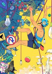 1boy above_clouds animal apple bare_shoulders bird blue_helmet blue_tank_top bug butterfly cable climbing climbing_rope cloud commentary english_commentary flower food frog fruit hard_hat helmet highres insect light_bulb machinery male_focus original road_sign rock_climbing safety_belt shorts sign solo sticker_on_helmet sweat tank_top watermelon yellow_background zngo