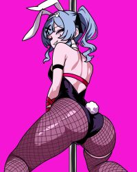 1girl backless_leotard becauseimajinx black_leotard blue_hair fishnet_pantyhose fishnets hatsune_miku leotard pantyhose playboy_bunny polearm purple_background rabbit_hole_(vocaloid) thigh_strap vocaloid weapon