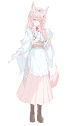 1girl absurdres alternate_costume animal_ears apron arknights boots braid brown_boots enmaided fork full_body gloves highres holding holding_fork long_hair long_sleeves looking_at_viewer maid maid_apron maid_headdress pink_hair pozyomka_(arknights) simple_background solo standing synzmayu tail white_apron white_background white_gloves wolf_ears wolf_girl wolf_tail