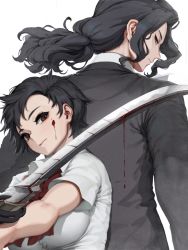 Rule 34 | 1boy, 1girl, back-to-back, black hair, blood, blood+, blood on face, blue eyes, character request, closed mouth, dripping, formal clothes, hagi (blood+), holding, holding sword, holding weapon, katana, letdie1414, long hair, looking back, otonashi saya, red eyes, short hair, simple background, suit, sword, upper body, weapon, white background