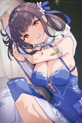 1girl breasts brown_hair cleavage dress heaven_burns_red highres large_breasts li_yingxia looking_at_viewer lying on_side red_eyes short_hair smile tanigawa_kent wedding_dress