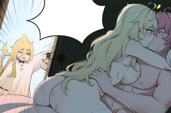 1boy 2girls a_pi ahoge arms_around_neck ass bedroom blonde_hair blue_eyes blush breasts c_chan_(vtuber) commentary_request cowgirl_position embarrassed family fins fish_tail from_side hair_between_eyes hand_on_another&#039;s_back hpapo indie_virtual_youtuber kaofish kiss large_breasts long_hair multiple_girls nightgown nipples nude on_bed one_eye_closed open_door open_mouth red_eyes scared sex sleepy sleeves_past_fingers sleeves_past_wrists speech_bubble standing straddling sweat tail tears thighhighs uncensored very_sweaty white_thighhighs