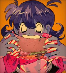 Rule 34 | 1other, armor, blue hair, blue skin, blush, burger, colored skin, deltarune, eating, fingernails, flipped hair, food, highres, holding, holding burger, holding food, kris (dark world) (deltarune), kris (deltarune), shio tou, teeth
