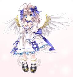 1girl ahoge angel_feather_alma angel_wings antenna_hair black_boots blue_eyes blue_ribbon boots dress emil_chronicle_online feathered_wings frills hair_ornament hair_ribbon highres maou_mikage pointy_ears ribbon smile white_background white_dress white_hair white_wings wings