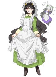 2girls apron black_gloves black_hair boots brown_boots cross-shaped_pupils dress elbow_gloves gloves green_dress grin hat headdress highres horns itou_(golem_inc) long_hair long_sleeves maid maid_apron mob_cap multiple_girls nippaku_zanmu open_mouth purple_dress recording red_eyes short_sleeves smile symbol-shaped_pupils teeth touhou very_long_hair yomotsu_hisami