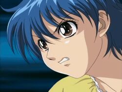 00s 1girl 2003 animated animated_gif ass blue_hair breasts collar huge_ass huge_breasts large_breasts nami_sos! nude power_symbol short_hair solo undressing yamane_chisato