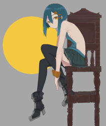 1girl backless_outfit blue_hair breasts chair garter_straps guruten11 highres original porta_(guruten11) short_hair sideboob simple_background sitting small_breasts solo thighhighs yellow_eyes