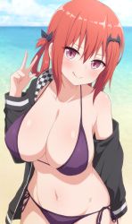 Rule 34 | 1girl, artist request, bikini, blush, breasts, cleavage, cloud, eniraka, gabriel dropout, halterneck, highres, long hair, looking at viewer, ocean, purple bikini, purple eyes, red hair, satanichia kurumizawa mcdowell, side-tie bikini bottom, sky, smile, solo, string bikini, swimsuit, tongue, tongue out, v