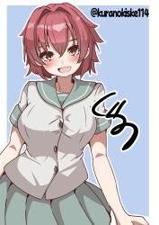 1girl blue_background brown_eyes cowboy_shot dress grey_sailor_collar grey_skirt highres kantai_collection kinu_(kancolle) kurano_kisuke looking_at_viewer one-hour_drawing_challenge open_mouth pleated_dress red_hair sailor_collar sailor_shirt school_uniform serafuku shirt short_sleeves signature skirt smile solo twitter_username two-tone_background white_shirt