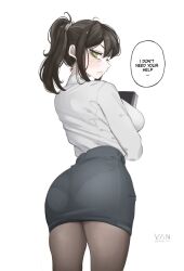 1girl ass black_hair blush breasts english_text green_eyes highres holding looking_back ponytail renee_graves shirt skirt standing the_coffin_of_andy_and_leyley thighhighs vaniste white_background white_shirt