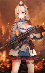 1girl absurdres automatic_rifle bad_id bad_pixiv_id beluga_dolphin blonde_hair blue_hair blurry blurry_background breasts chauchat chauchat_(girls&#039;_frontline) cleavage cleavage_cutout clothing_cutout dress dust female_focus fire girls&#039;_frontline gloves gun hat highres holding holding_gun holding_weapon jacket large_breasts light_machine_gun looking_at_viewer looking_to_the_side machine_gun md5_mismatch mini_hat multicolored_dress multicolored_jacket outdoors purple_eyes red_hair resolution_mismatch rifle sidelocks solo thigh_strap trigger_discipline uniform weapon