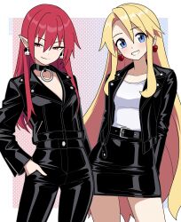 Rule 34 | 2girls, absurdres, belt, belt buckle, black belt, black choker, black jacket, black pants, black skirt, blonde hair, blue background, blue eyes, border, buckle, choker, closed mouth, disgaea, earrings, etna (disgaea), flonne, gradient background, hand in pocket, heart, heart earrings, highres, jacket, jewelry, leather, leather belt, leather choker, leather jacket, leather pants, leather skirt, long hair, looking at viewer, multiple girls, nico-neko, o-ring, o-ring choker, open clothes, open jacket, pants, parted lips, pointy ears, polka dot, polka dot background, red background, red eyes, red hair, shirt, simple background, skirt, skull earrings, two-tone background, very long hair, white border, white shirt
