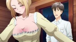 1boy 1girl animated anime_screenshot arafoo_otoko_no_isekai_tsuuhan_seikatsu armpits back backboob bathroom black_hair blonde_hair braid breasts canaan_l&#039;eupatorium cleavage closed_eyes collarbone covering_breasts covering_privates dress highres indoors ken&#039;ichi_hamada large_breasts lipstick makeup purple_eyes shirt sidelocks sound tagme undressing undressing_another video white_shirt yellow_dress