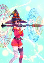 Rule 34 | 1girl, bandaged leg, bandages, belt, black hat, black thighhighs, brown belt, button eyes, buttons, dress, hat, highres, jitome, kono subarashii sekai ni shukufuku wo!, long hair, long sleeves, magic circle, megumin, off-shoulder dress, off shoulder, over shoulder, red dress, red eyes, rocket launcher, rpg, rpg-7, rpg (weapon), single thighhigh, solo, standing, thighhighs, trigger discipline, weapon, weapon over shoulder, witch hat, yasehattagi