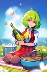 1girl alcohol ascot black_pantyhose blue_sky bottle breasts bucket bug butterfly cloud collared_shirt day grass green_hair hair_between_eyes highres holding holding_bottle ice ice_bucket iganashi1 insect kazami_yuuka looking_at_viewer miniskirt outdoors pantyhose picnic picnic_basket plaid_clothes plaid_skirt plaid_vest red_eyes seiza shirt short_hair sitting skirt sky smile solo touhou vest white_shirt wine wine_bottle yellow_butterfly