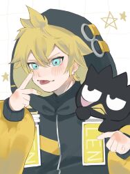 2boys ahoge akanbe animal animal_on_shoulder aqua_eyes badtz-maru baggy_clothes black_hoodie blonde_hair character_name ear_piercing earrings eyelid_pull finger_to_eye hair_between_eyes highres hood hood_up hoodie jewelry jitome kagamine_len messy_hair morikoete multiple_boys piercing sanrio taunting tongue tongue_out turtleneck two-tone_hoodie vocaloid yellow_nails yellow_sleeves