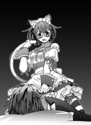 1boy 1girl alternate_costume animal_ears apron blush cat_ears cat_girl cat_tail chuo_tanegashima_high_school_uniform chuo_tanegashima_high_winter_school_uniform dress eibon enmaided frilled_apron frills glasses highres holding_own_tail kemonomimi_mode long_hair looking_at_another looking_down maid maid_apron maid_headdress open_mouth petticoat puffy_short_sleeves puffy_sleeves pulling_own_clothes ribbon robotics;notes round_eyewear school_uniform senomiya_akiho short_sleeves skirt sleeve_ribbon striped_clothes striped_thighhighs tail tail_raised thighhighs tongue unconventional_maid waist_apron white_apron yashio_kaito zettai_ryouiki